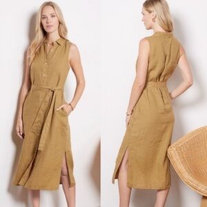 FAHERTY Linen Laguna Sleeveless Shirt Dress Sz M Dull Gold Neutral Midi Preppy